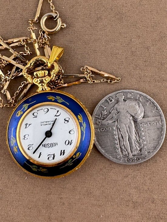 Vintage Hudson Gold Plated Pendant Watch with Blue Guilloche & Red Flower Motifs main image 6